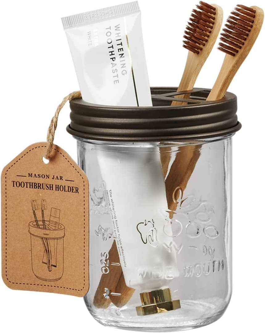 Mason Jar Bathroom Accessories Set(4 Pack) -Bronze-Lotion Soap Dispenser&Qtip Holder Set&Toothbrush Holder-Rustic Farmhouse Decor Apothecary Jar Bathroom Countertop,Vanity Organize (Bronze)