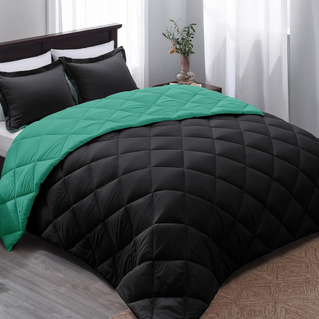 Queen Comforter Set - Green Comforter Set Queen, Reversible Bed Comforter Queen Set for All Seasons, Black/Mint Leaf, 1 Comforter (88"X92") and 2 Pillow Shams (20"X26"+2")