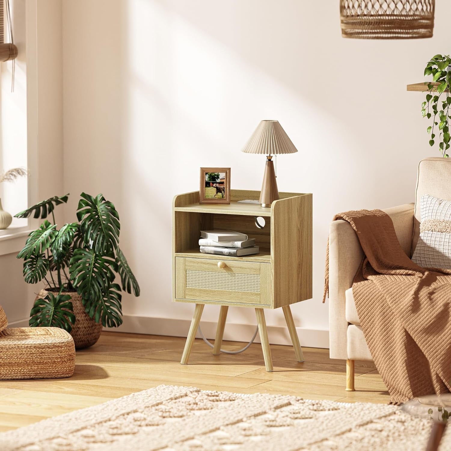 Nightstands Set of 2, Night Stands with Charging Station & PE Rattan Decor Drawer, Bed Side Tables with Solid Wood Feet, End Table, for Bedroom, Living Room - Natural