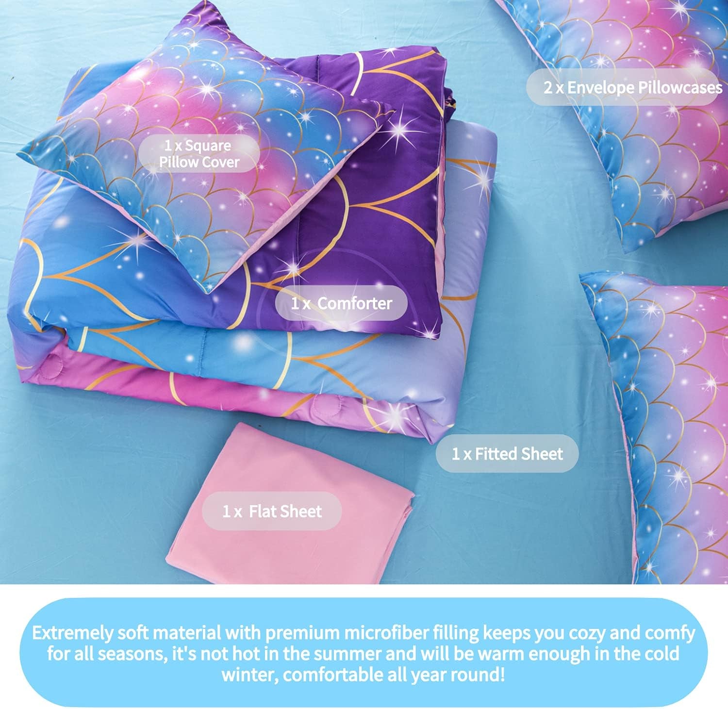 6Pcs Teal Pink Sparkle Mermaid Comforter Sets Queen Size, 3D Rainbow Glitter Girls Bedding Sets, Ombre Pastel Fish Scale Bedding Collection Sets