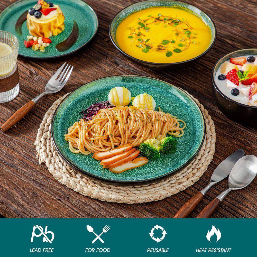 16-Piece Green and Black Stoneware Dinnerware Set Service for 4 Tableware Bowls and Plates Dining Set Dishware Set