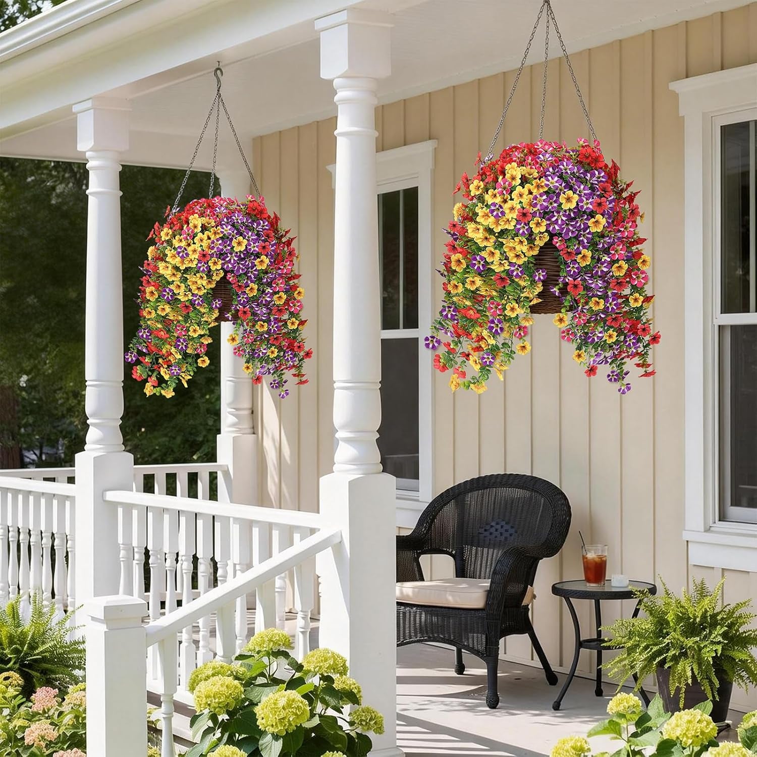 4 Bundles Artificial Hanging Morning Glory Flowers for Outdoor, Realistic Hanging Flowers Silk Fake Morning Glory with Faux Eucalyptus for Yard Garden Porch Patio Balcony Home Decor (Mixed Color)