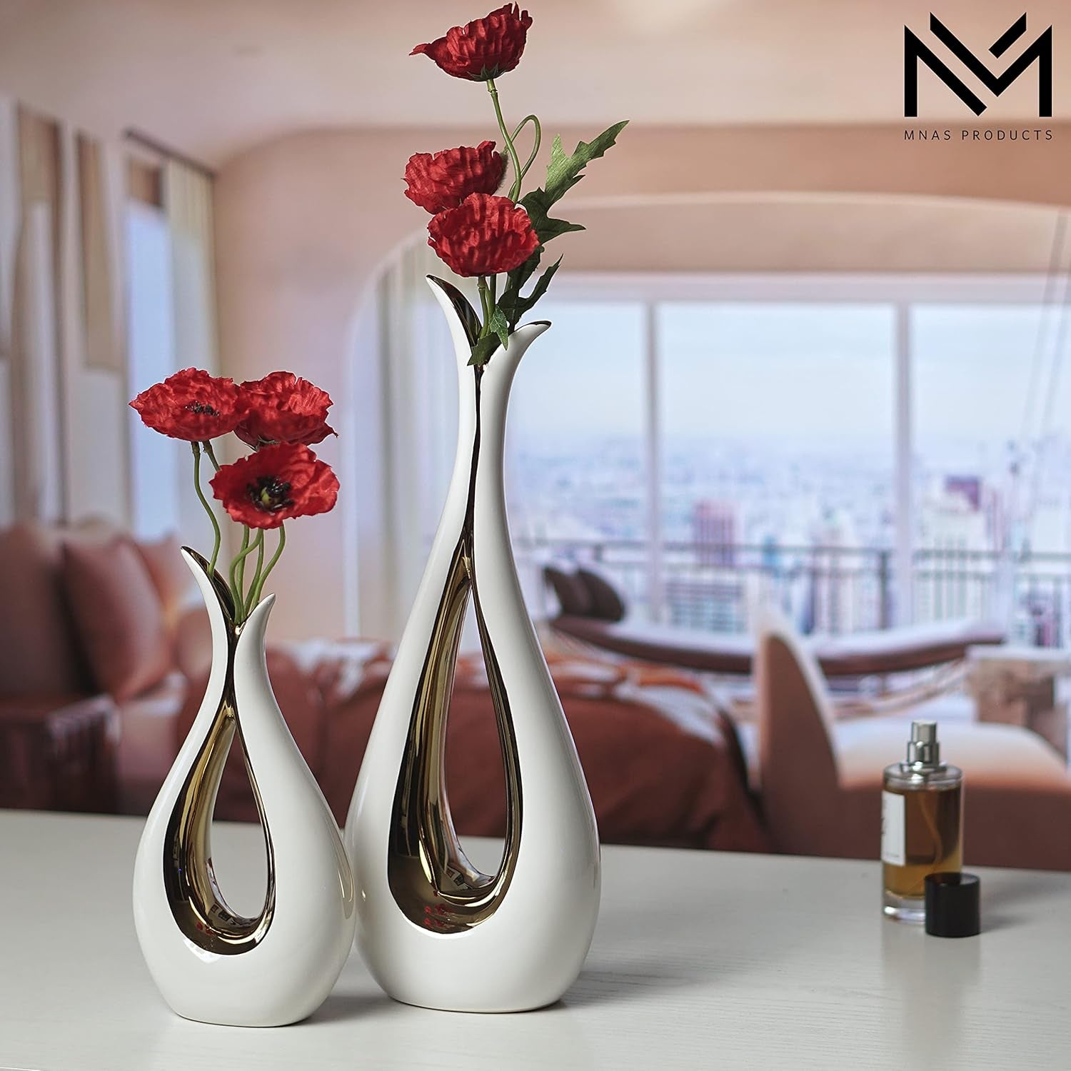 White Ceramic Decorative Vases, Set of 2, Nordic, Modern, Minimalist Design, for Home Decor, Bedroom, Weddings, Restaurants, Office and More