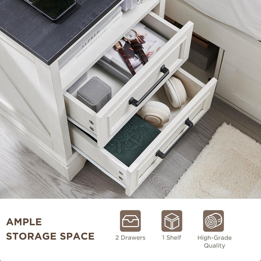 18" Farmhouse Nightstand with Charging Station,End Table with 2 Drawers Storage,Side Table,Bedside Cabinet for Bedroom,Living Room,White | for Bedroom, Living Room