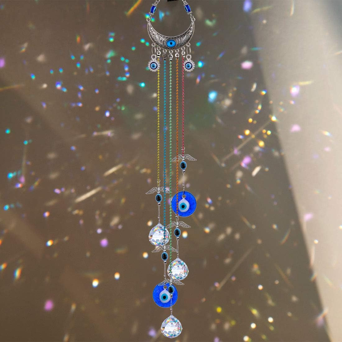 20Inch Blue Evil Eye Hanging Crystals Suncatcher Ornament for Christmas Tree with Chakra Energy Crystal Ball Prism Pendant Rainbow Maker for Home Decor Protection