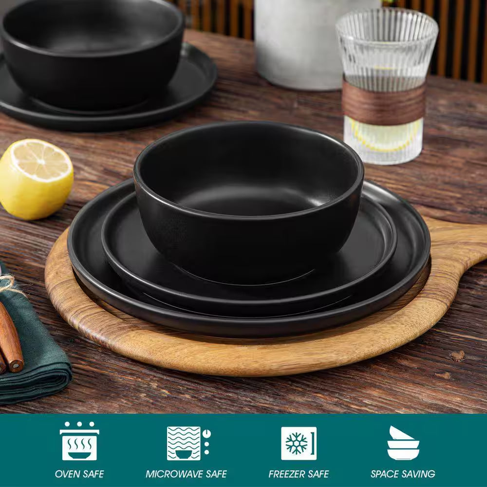 18-Piece Matte Black Stoneware Dinnerware Set Service for 6 Tableware Dinner Plates Dessert Plates Cereal Bowls