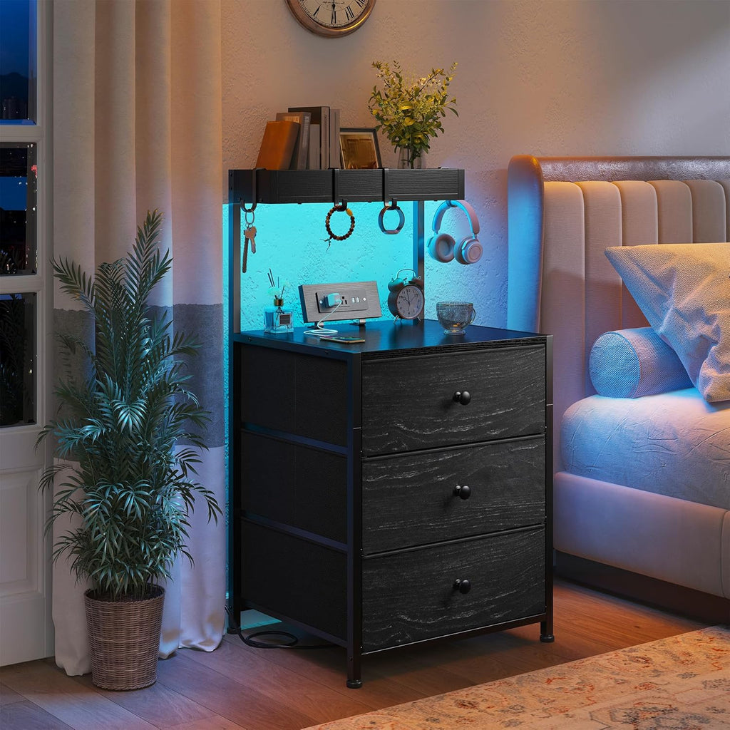 Nightstand with Charging Station and Led Night Stand with 3 Drawers, Bedside Table with Drawers and Outlets, Dorm Nightstand for Bedroom,Entryway, Hallway, Closet, 4 Hooks, Black