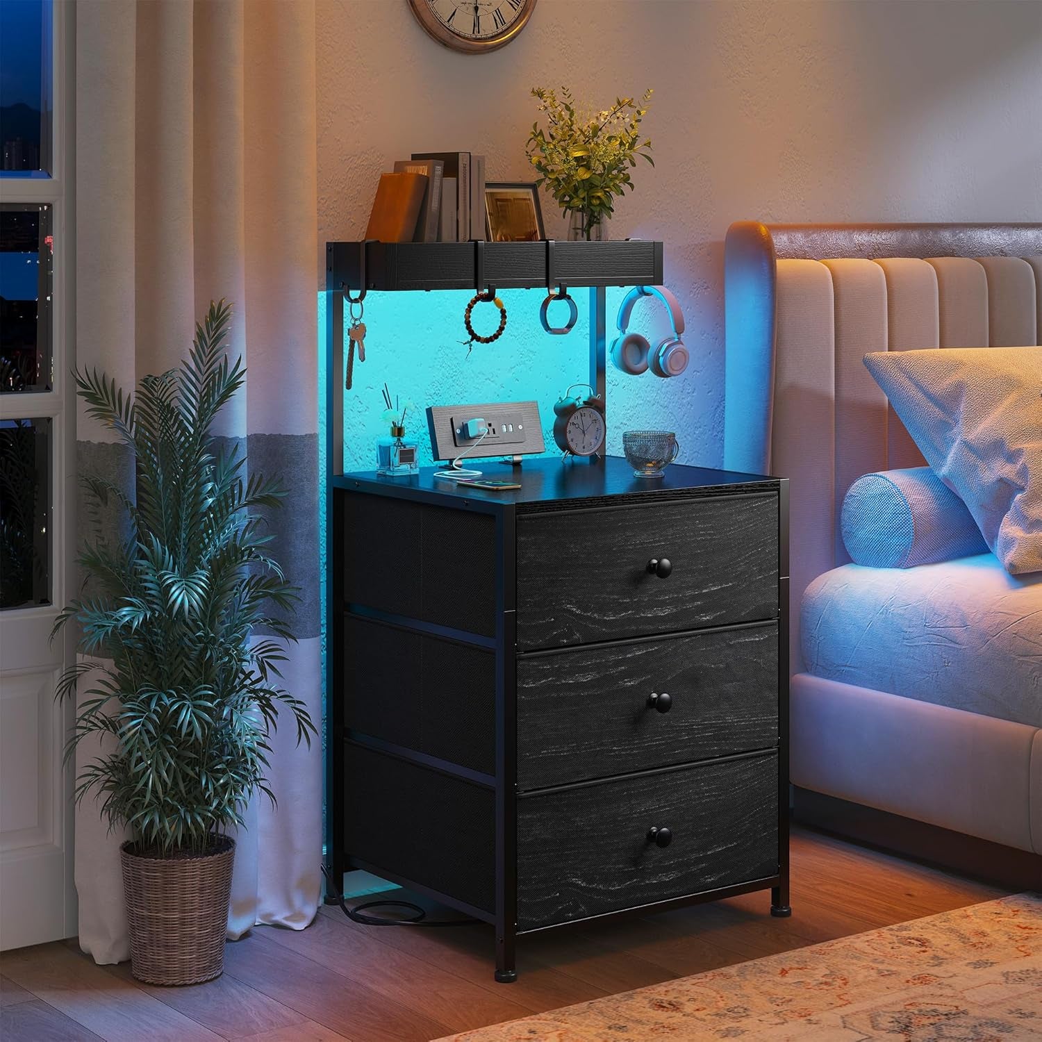 Nightstand with Charging Station and Led Night Stand with 3 Drawers, Bedside Table with Drawers and Outlets, Dorm Nightstand for Bedroom,Entryway, Hallway, Closet, 4 Hooks, Black