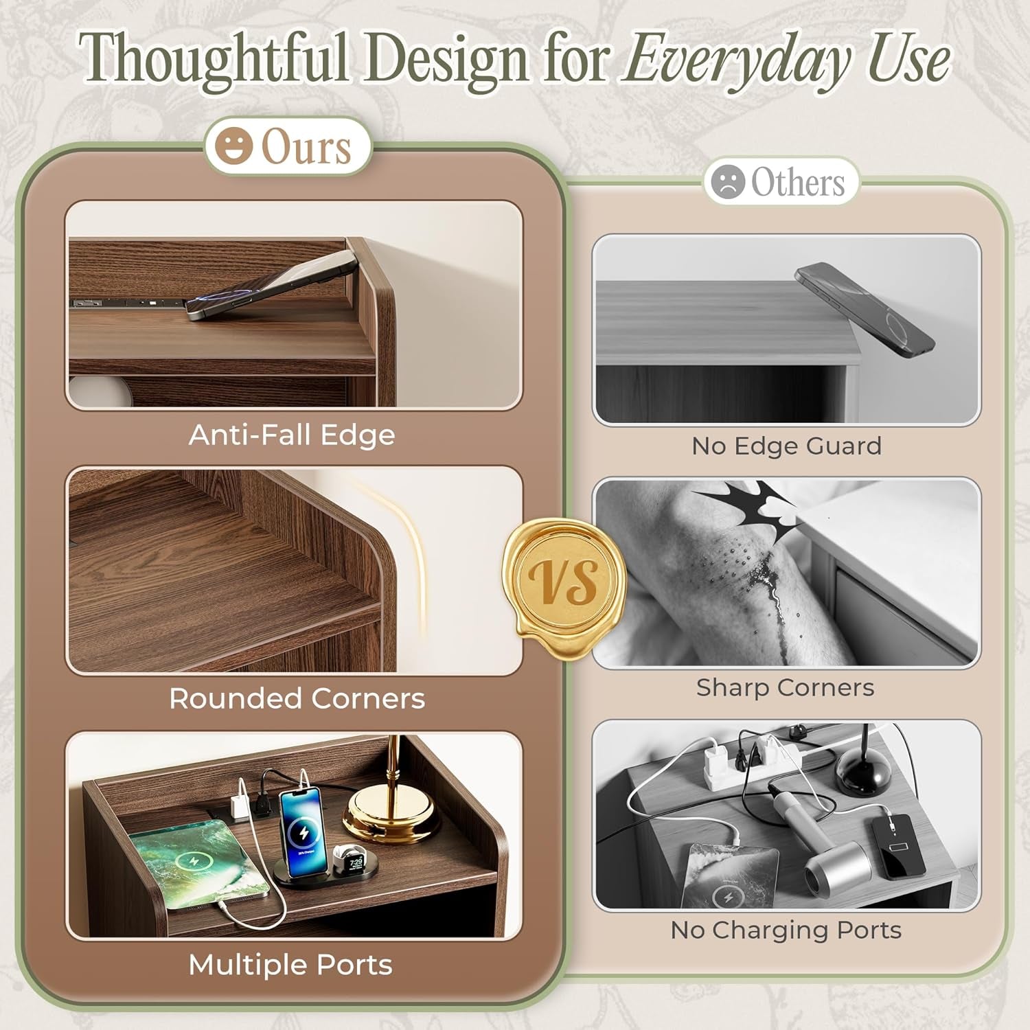Nightstand with Charging Station, USB-C Port, Fluted Night Stand Set of 2, Bed Side Table with Drawer, Solid Wood Feet, Open Storage, End Table with Raised Edge, for Bedroom, Walnut