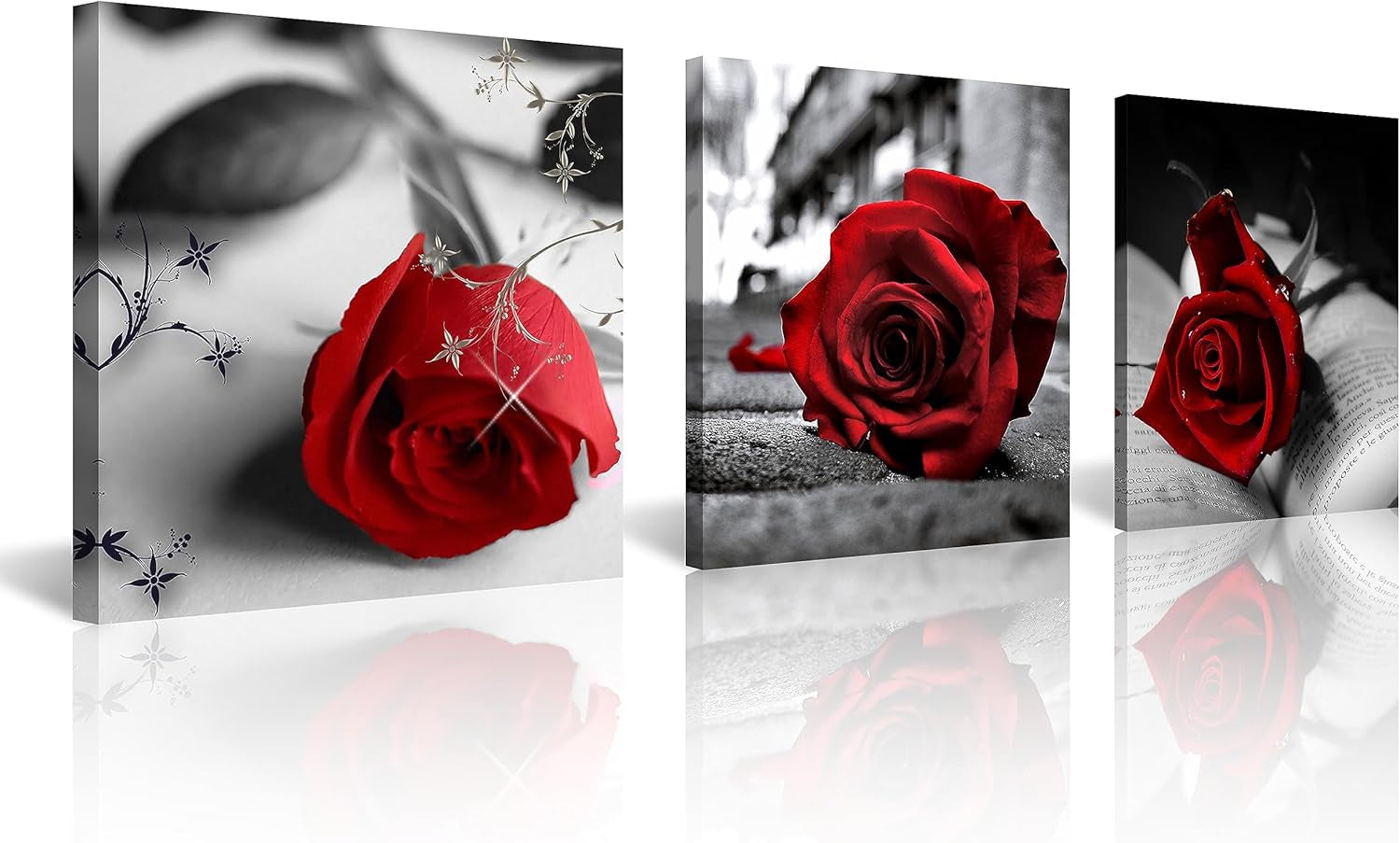3 Pcs Red Rose Canvas Art Black and White Red Wall Art Flower Picture Prints Stretched and Framed Triptych 12"X12" Floral Decor Canvas Art for Home Decor Living Room Bedroom