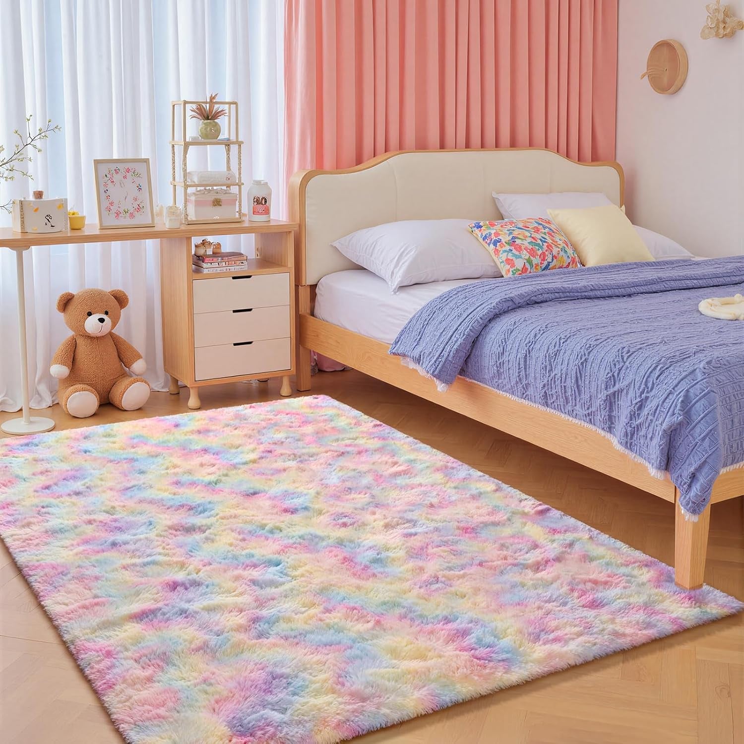 4X6 Washable Area Rug for Girls Bedroom Living Room,Tie-Dyed Rainbow Soft Non-Slip Fluffy Rugs, Shag Plush Memory Foam Carpet for Kids Room Baby Nursery Home Decor