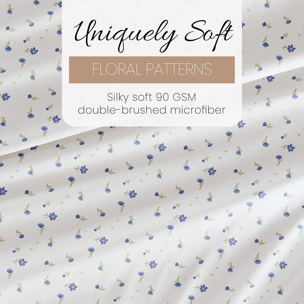 Double-Brushed Patterned Microfiber Queen Sheet Set 4 Piece – Oeko-Tex Certified Ultra Soft & Wrinkle-Free - 16" Deep Pocket Sheets - Easy Care Queen Size - Soft Floral Light Blue