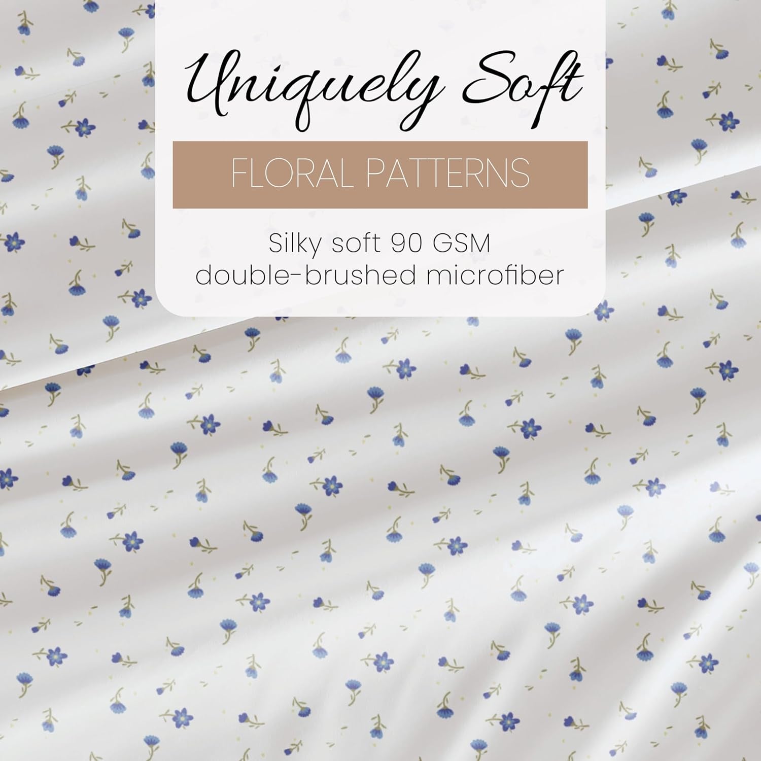 Double-Brushed Patterned Microfiber Queen Sheet Set 4 Piece – Oeko-Tex Certified Ultra Soft & Wrinkle-Free - 16" Deep Pocket Sheets - Easy Care Queen Size - Soft Floral Light Blue