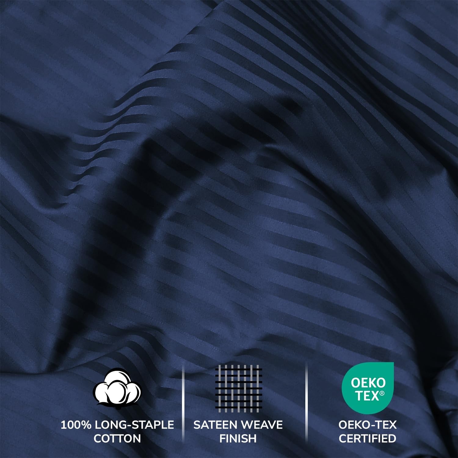 Feather & Stitch 500 TC California King Size Bed Sheet Set, 100% Cotton Soft Breathable Bedsheets, 4 Piece 18" Deep Pockets Sateen Weave Striped Bedding Mattress Resort Hotel - (Dark Blue Stripe)