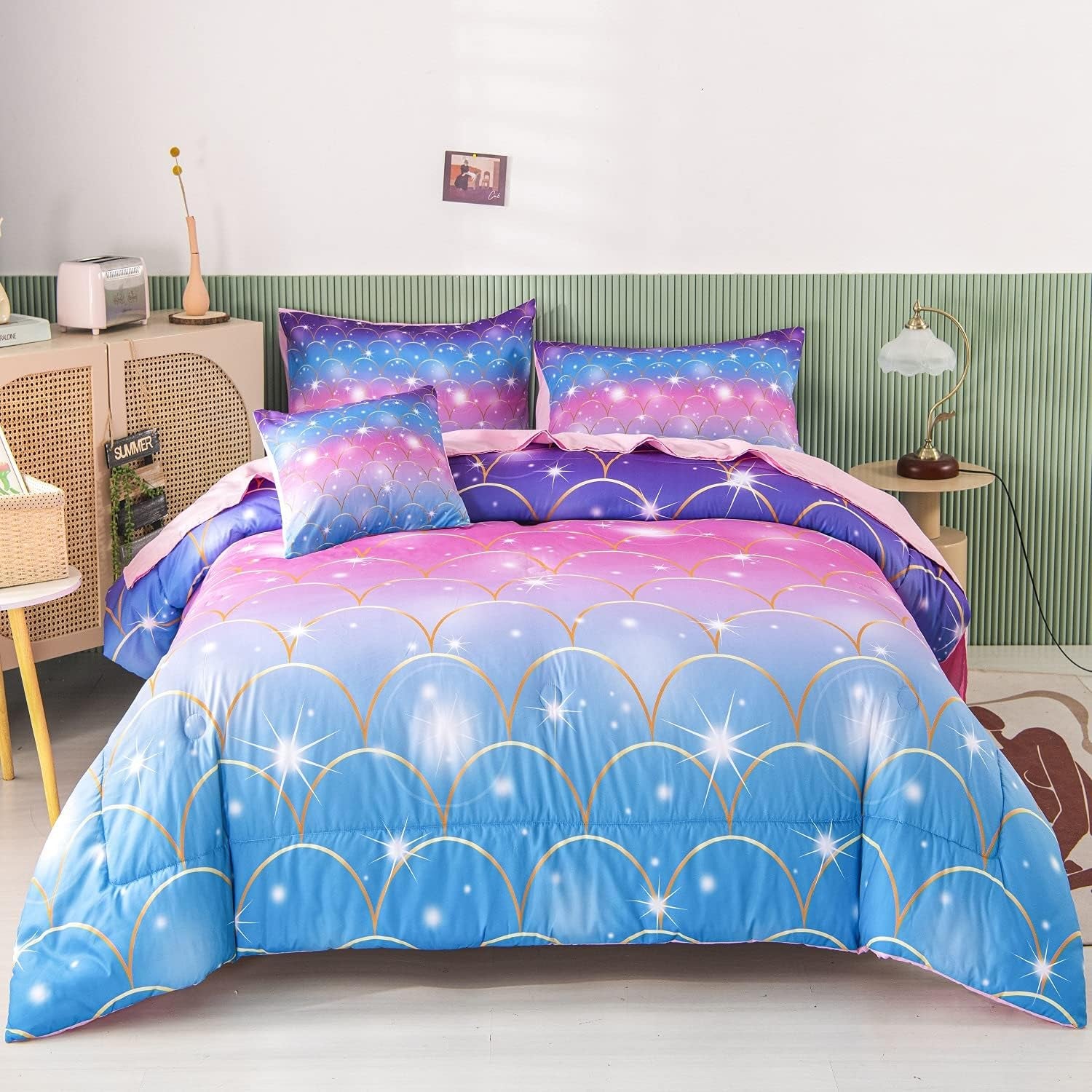 6Pcs Teal Pink Sparkle Mermaid Comforter Sets Queen Size, 3D Rainbow Glitter Girls Bedding Sets, Ombre Pastel Fish Scale Bedding Collection Sets