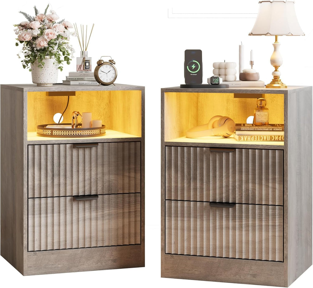 Night Stand Set 2, LED Night Stand with Charging Station, Wood Side Table, Fluted Nightstands with 2 Drawers, End & Bedside Tables for Bedroom Sofa Office, Wood Gray