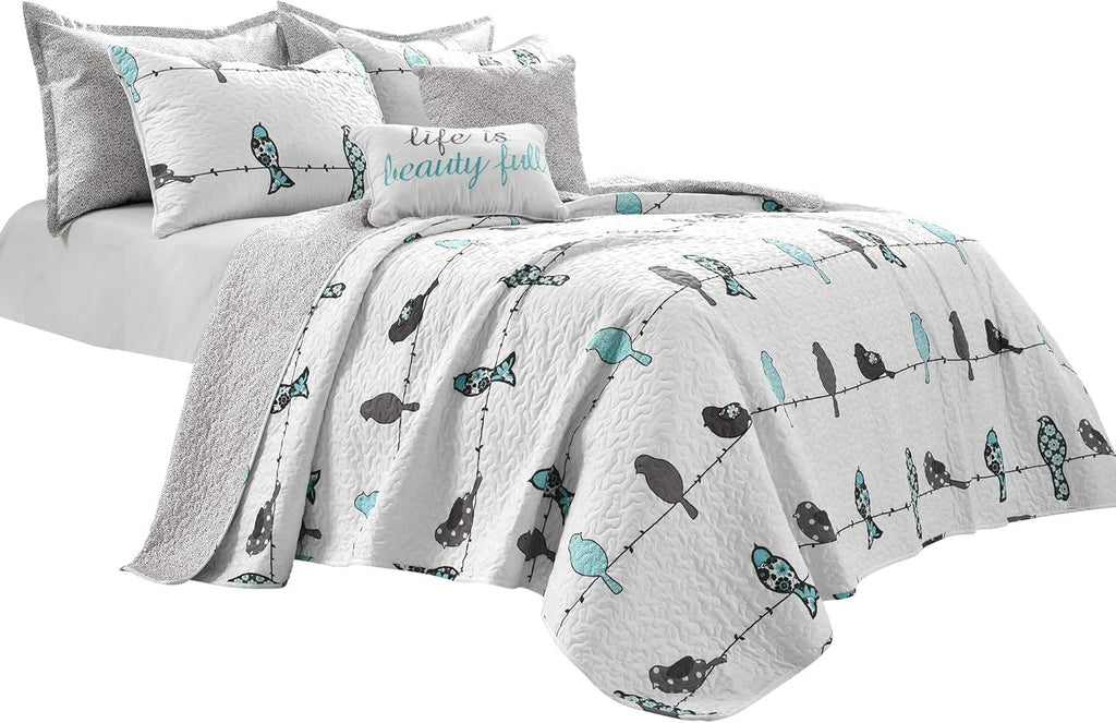 Rowley Birds Quilt Set, 7 Piece Set, Full/ Queen, Blue & Gray - Reversible Bird Bedding Set with Pillow Cases & Throw Pillows - Colorful, Whimsical, & Playful Floral Bird Print
