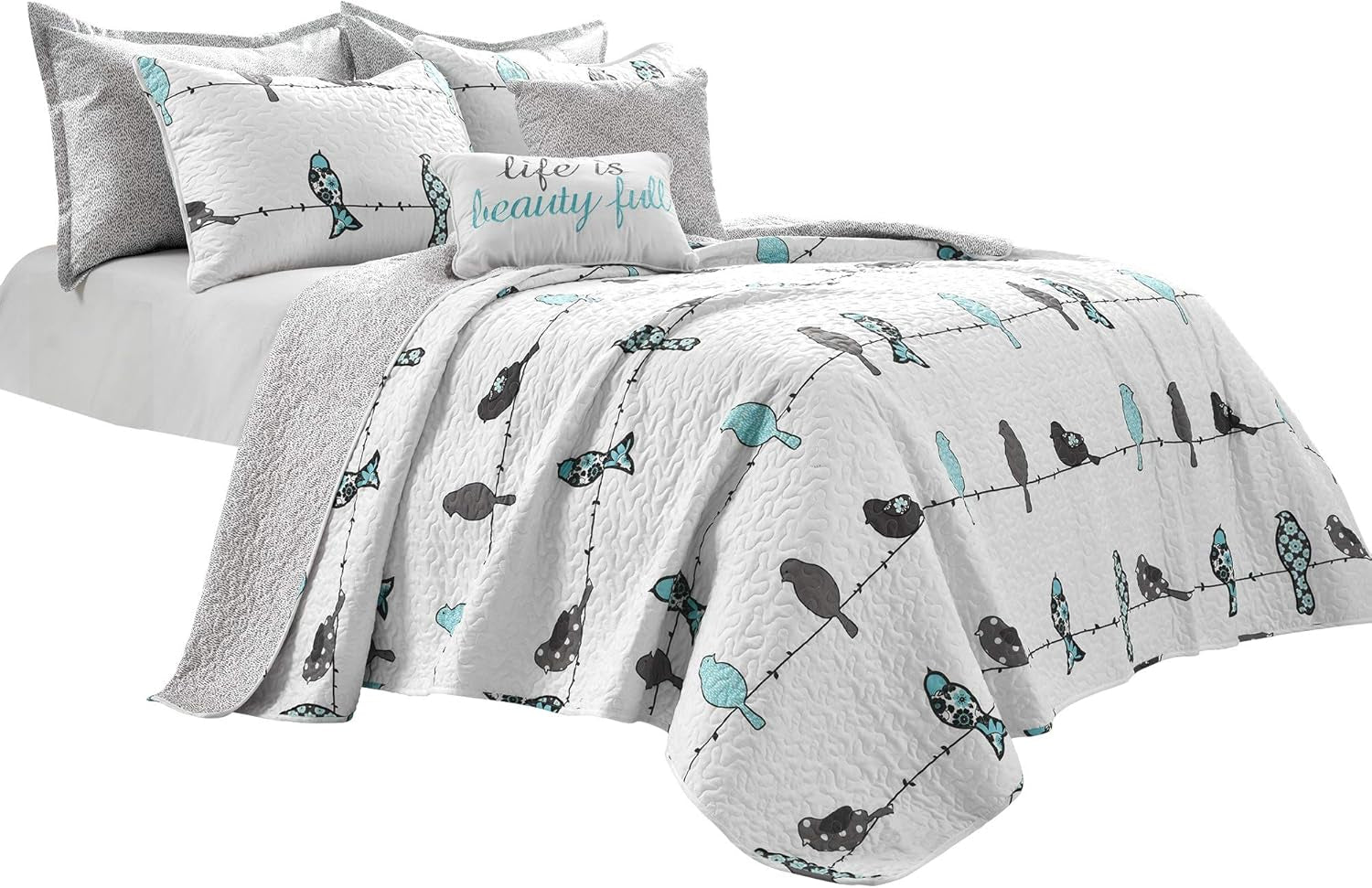 Rowley Birds Quilt Set, 7 Piece Set, Full/ Queen, Blue & Gray - Reversible Bird Bedding Set with Pillow Cases & Throw Pillows - Colorful, Whimsical, & Playful Floral Bird Print