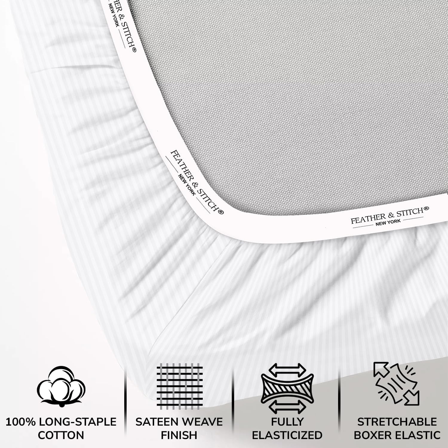 Feather & Stitch 500 TC Split King Size Damask Bed Sheet Set, 100% Cotton Soft Breathable Bedsheets, 5 Piece 18" Deep Pockets Sateen Weave Striped Bedding Mattress Resort Hotel - (White Stripe)