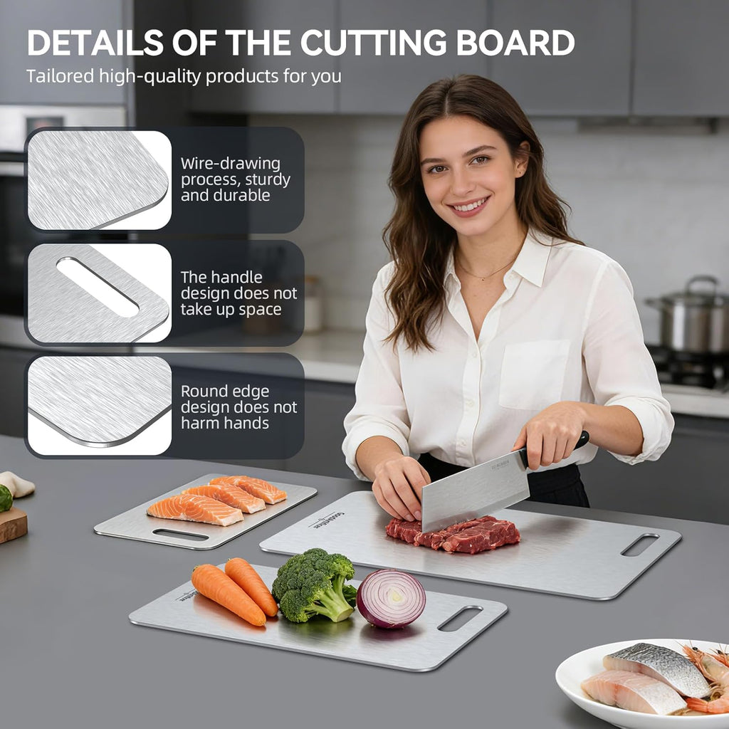 Titanium Cutting Boards Set of 3, 100% Pure Titanium Kitchen Cutting Board, Double-Sided Non-Toxic Cutting Board, Ideal for Slicing and Dicing Meats, Features Handle, Dishwasher Safe