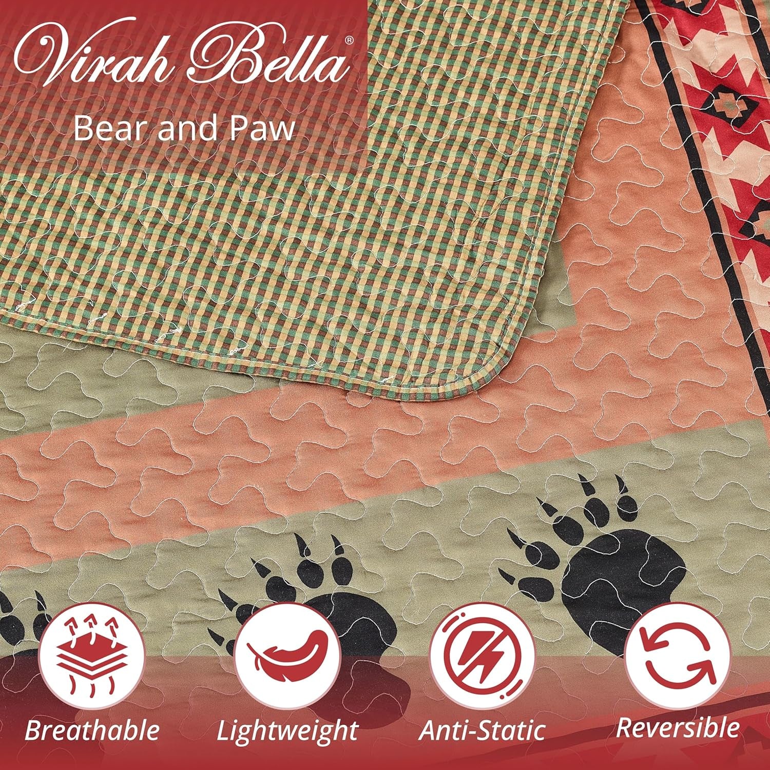 3 Piece King Cabin Quilt Bedding Set - Bear and Paw - Rustic Country Reversible Patchwork Comforter Set with Decorative Pillow Shams