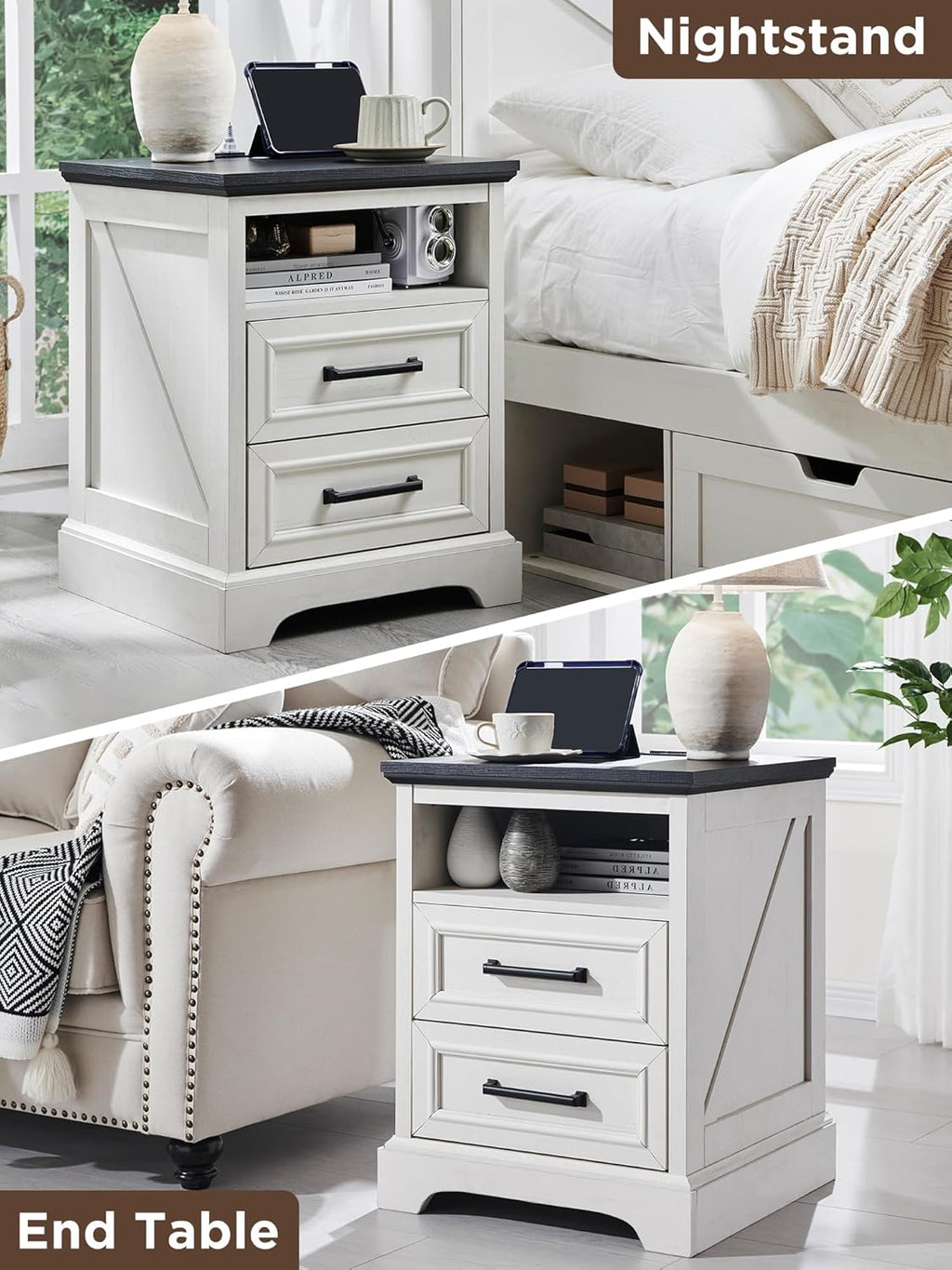 18" Farmhouse Nightstand Set of 2 with Charging Station,End Table with 2 Drawers Storage,Side Table,Bedside Cabinet for Bedroom,Living Room, Withe