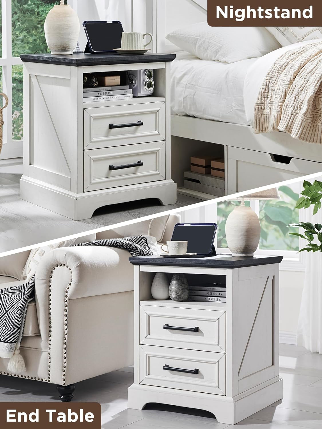 18" Farmhouse Nightstand Set of 2 with Charging Station,End Table with 2 Drawers Storage,Side Table,Bedside Cabinet for Bedroom,Living Room, Withe