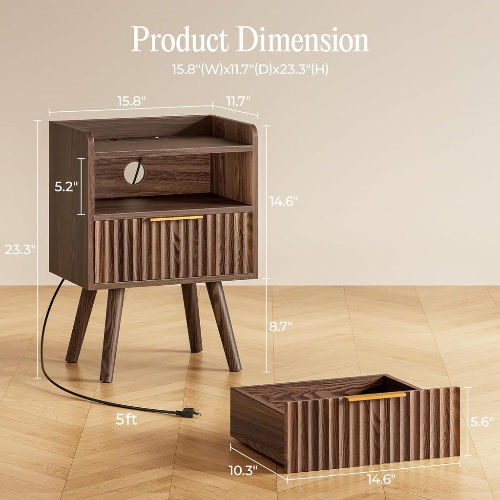 Nightstand with Charging Station, USB-C Port, Fluted Night Stand Set of 2, Bed Side Table with Drawer, Solid Wood Feet, Open Storage, End Table with Raised Edge, for Bedroom, Walnut