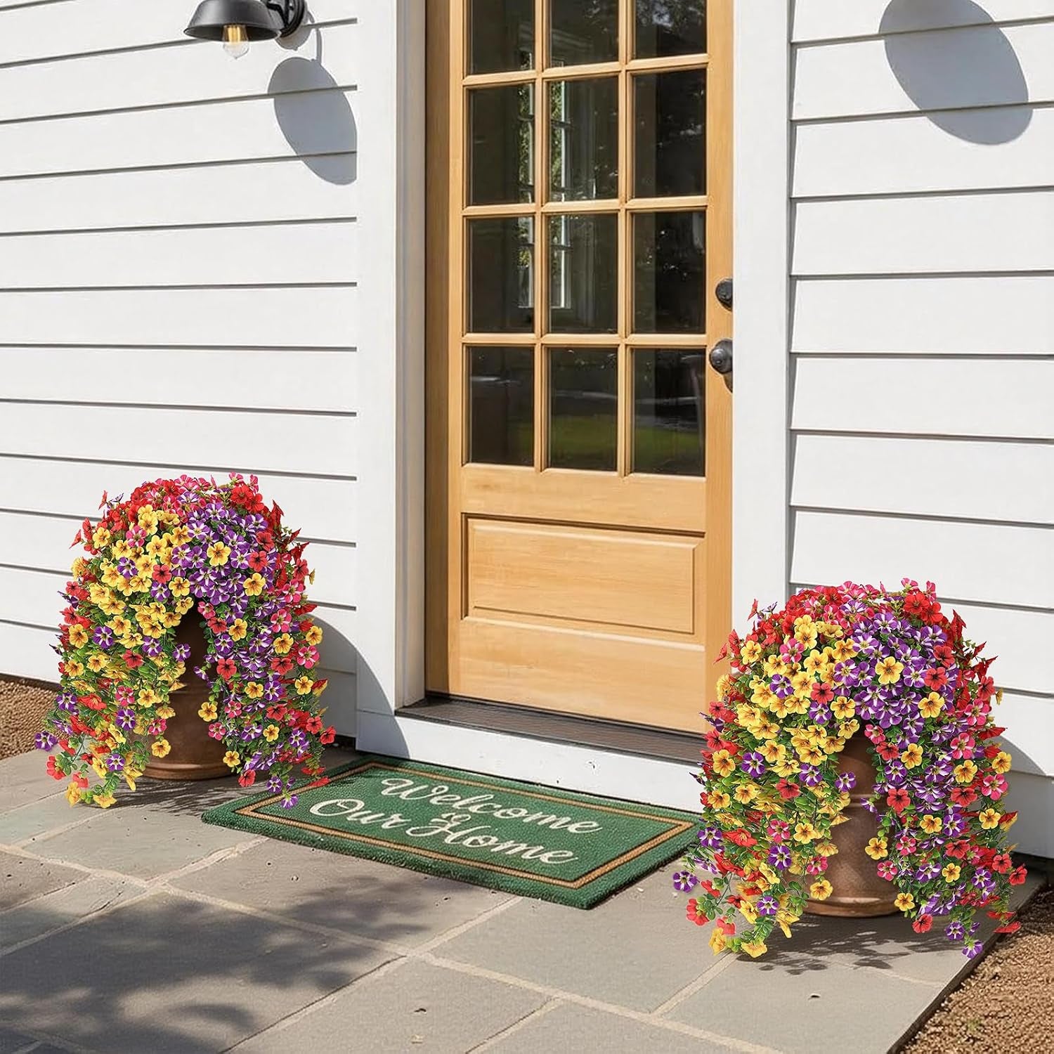 4 Bundles Artificial Hanging Morning Glory Flowers for Outdoor, Realistic Hanging Flowers Silk Fake Morning Glory with Faux Eucalyptus for Yard Garden Porch Patio Balcony Home Decor (Mixed Color)