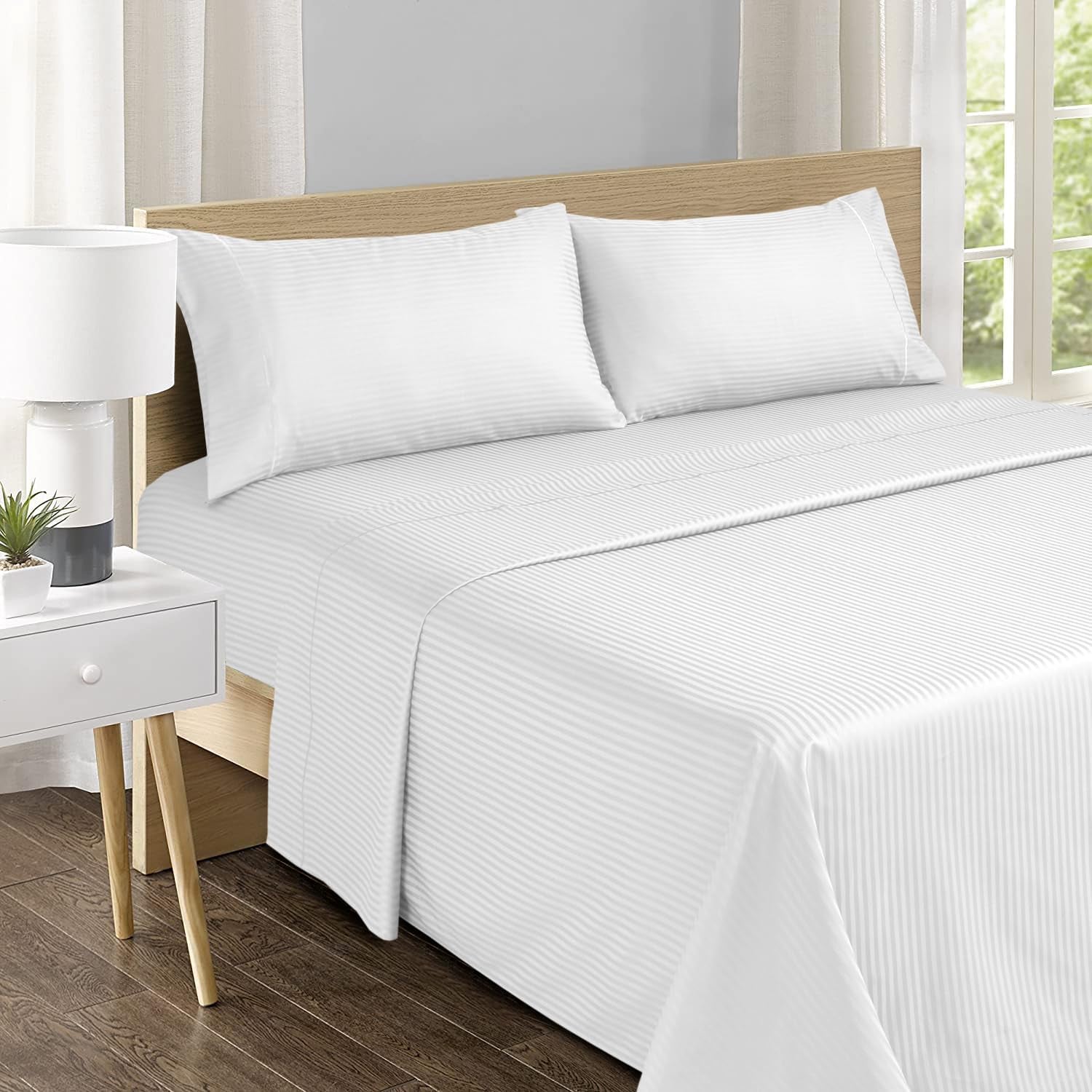 Feather & Stitch 500 TC Split King Size Damask Bed Sheet Set, 100% Cotton Soft Breathable Bedsheets, 5 Piece 18" Deep Pockets Sateen Weave Striped Bedding Mattress Resort Hotel - (White Stripe)