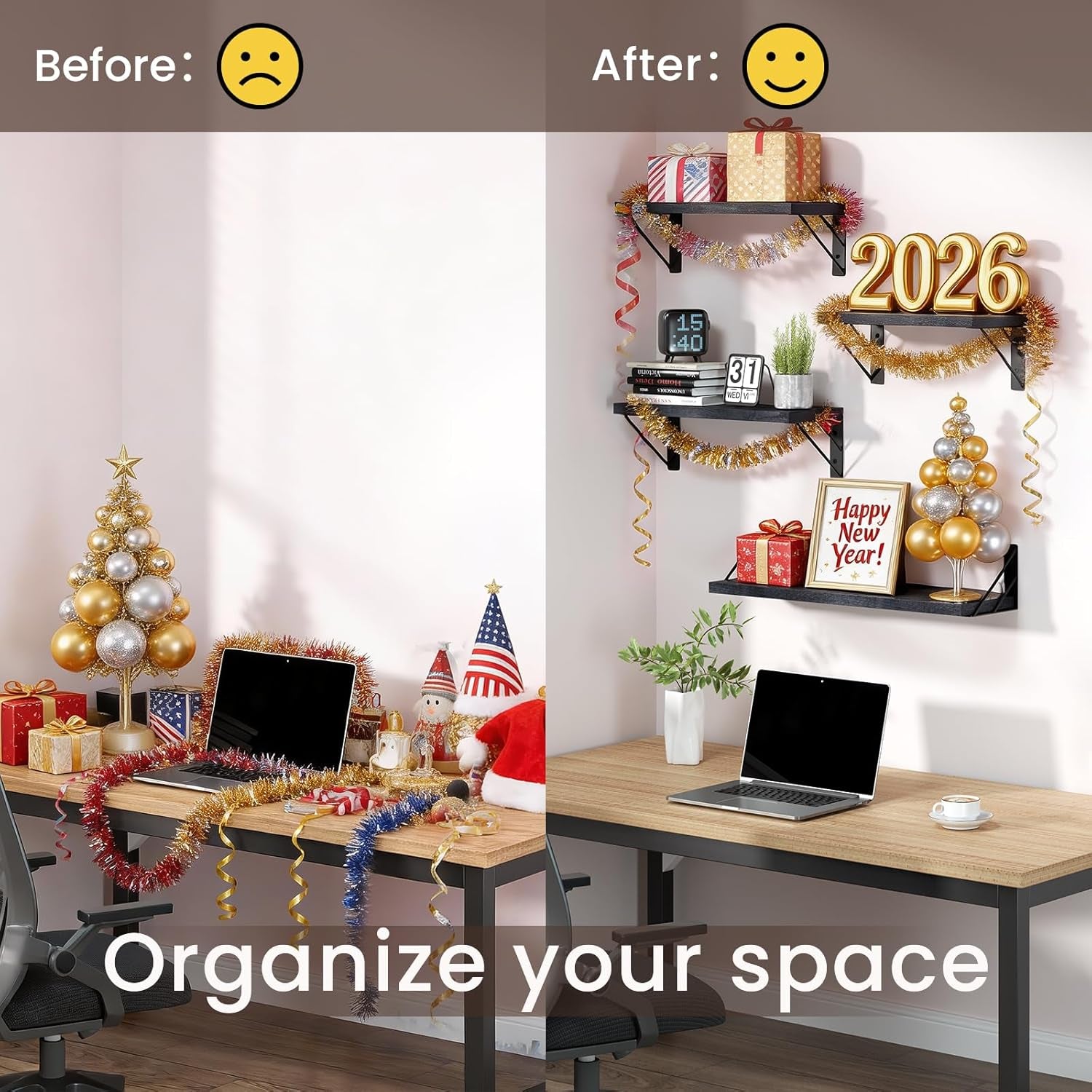 Wall Mounted Floating Shelves, Wood Floating Wall Shelf for Books & Decor, Small Space-Saving Display & Organizer（Black，Set of 3）