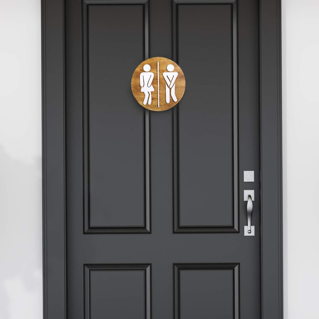 Unisex Bathroom Signs-Cute Bathroom Wall Decor-Funny Restroom Sign (Birch Brown)