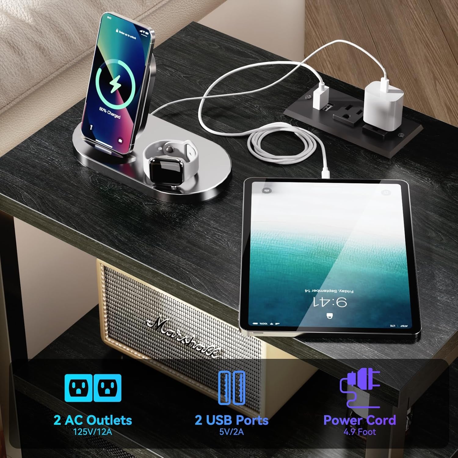 Nightstands Set of 2, End Tables with Charging Station and LED Lights, Black Night Stands with 2 Fabric Drawers, Bedside Tables Set of 2 for Living Room/Bedroom,Black Oak