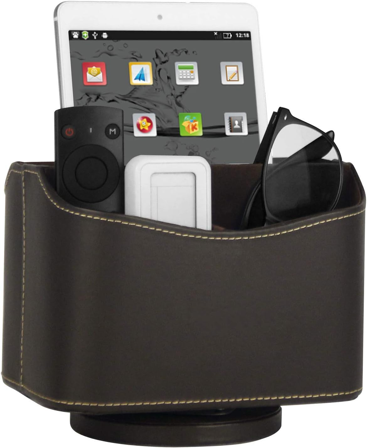 Spinning Remote Control Holder, Remote Controller Holder, Remote Caddy, Media Storage Organizer, Spinning Remote Control Organizer, 7.3X 5.5 X 6 Inches, Brown PU Leather