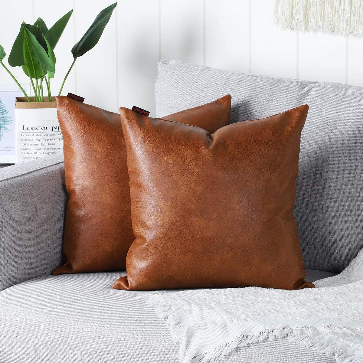 Set of 2 Faux Leather Decorative Throw Pillow Covers Modern Solid Outdoor Cushion Cases Luxury Pillowcases for Couch Sofa Bed 22X22 Inches Brown