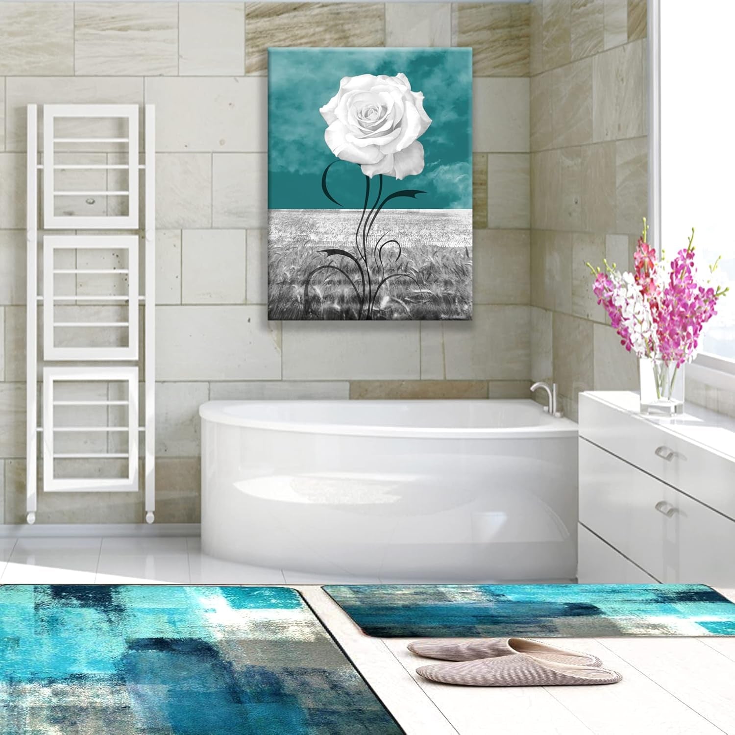 Wall Art Elegant White Flower Canvas Print White Rose Wall Art Abstract Art 1 Panel Picture for Bathroom Wall Decor Painting Wood Frame Stretched Easy to Hang (Rosewhite-12 * 16 * 1)