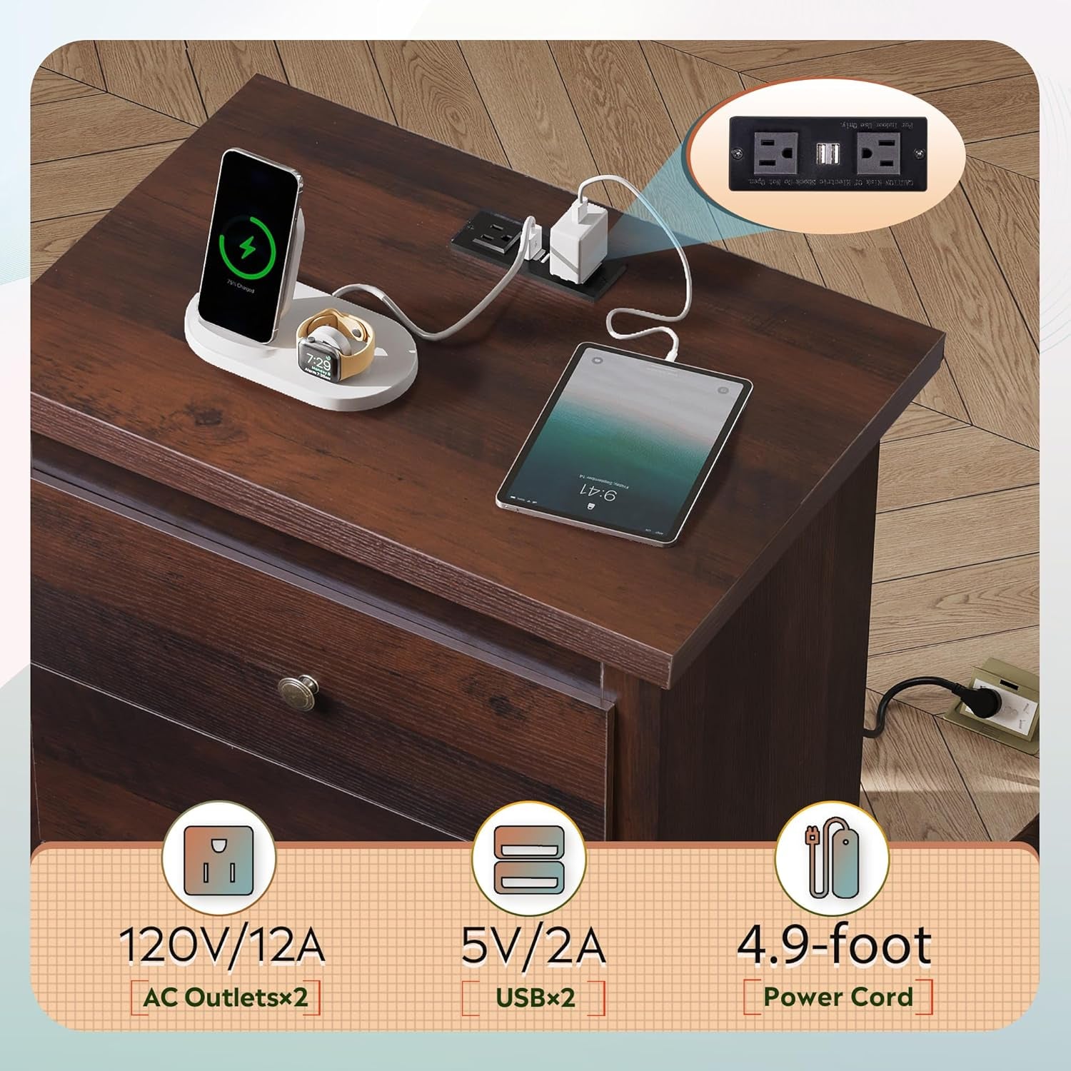 Tall Nightstand with Charging Station, Wood Night Stand with 3 Drawers Storage, Bedside Table End Side Tables with 2 USB Ports and Outlets for Bedroom, Closet, Espresso
