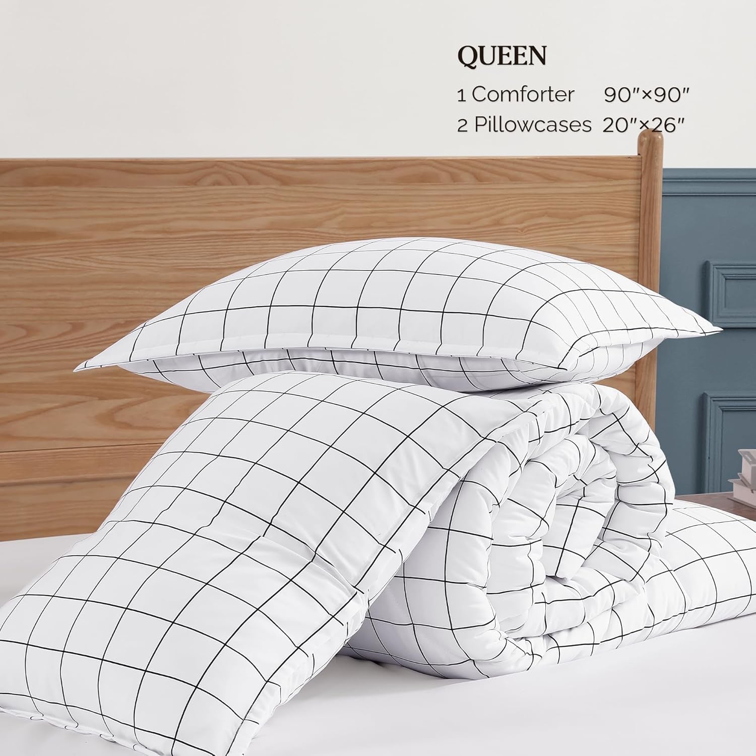 White Grid Comforter Set Queen Size (90X90 Inch), 3 Pieces(1 Grid Comforter and 2 Pillowcases), Summer Lightweight Microfiber down Alternative White Comforter with Black Lines