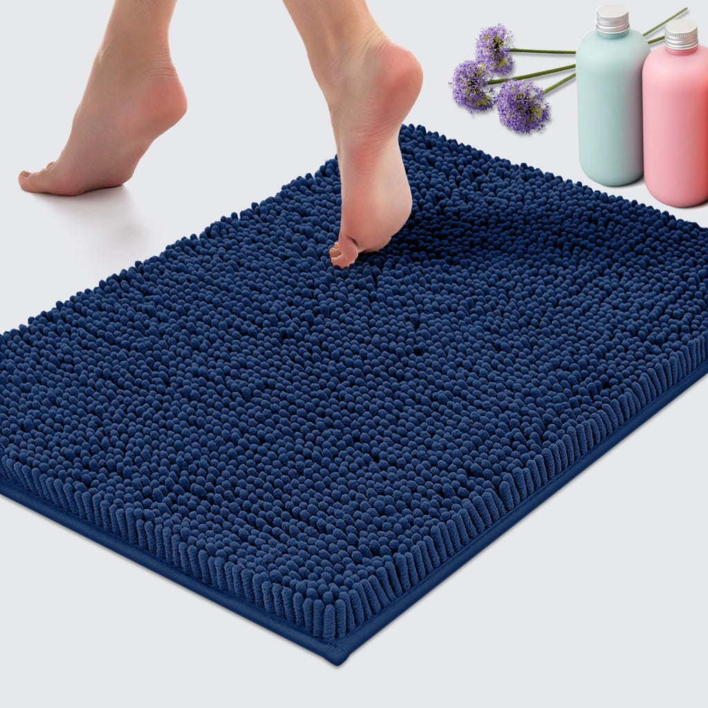 2 Piece Bathroom Rug Set - Premium Plush Bath Mat Shower Rugs, 1" Chenille Microfiber, Non-Slip & Absorbent, Soft & Cozy, Durable Stylish (20X30 & 16X24 Inches, Blue)