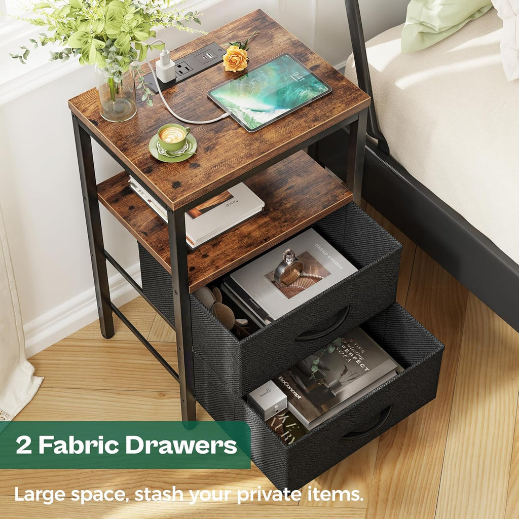 Nightstand with Charging Station, Side Table with Fabric Drawers, End Table with Open Shelf, Bedside Table with USB Ports and Outlets, Night Stand for Bedroom, Rustic Brown and Black