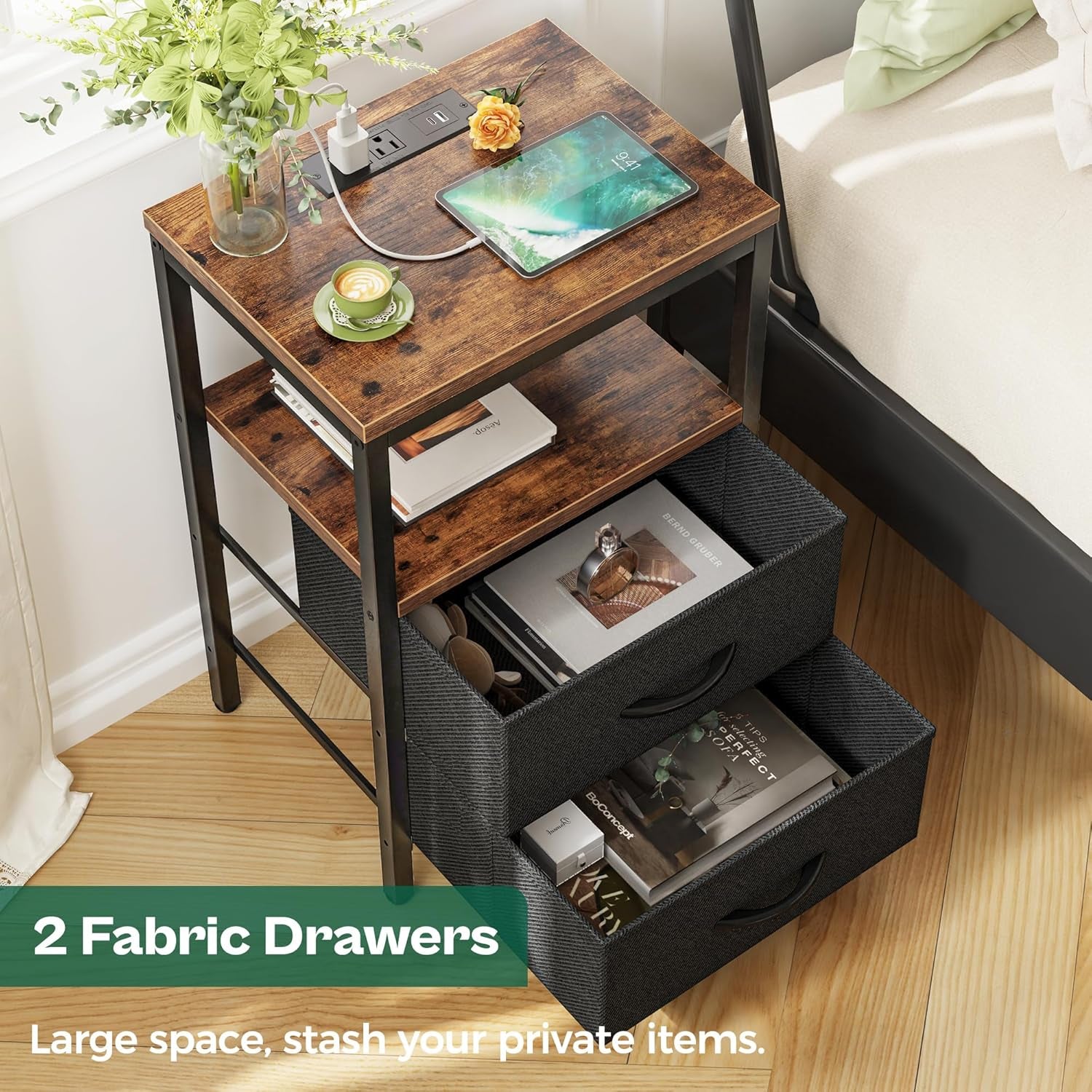 Nightstand with Charging Station, Side Table with Fabric Drawers, End Table with Open Shelf, Bedside Table with USB Ports and Outlets, Night Stand for Bedroom, Rustic Brown and Black