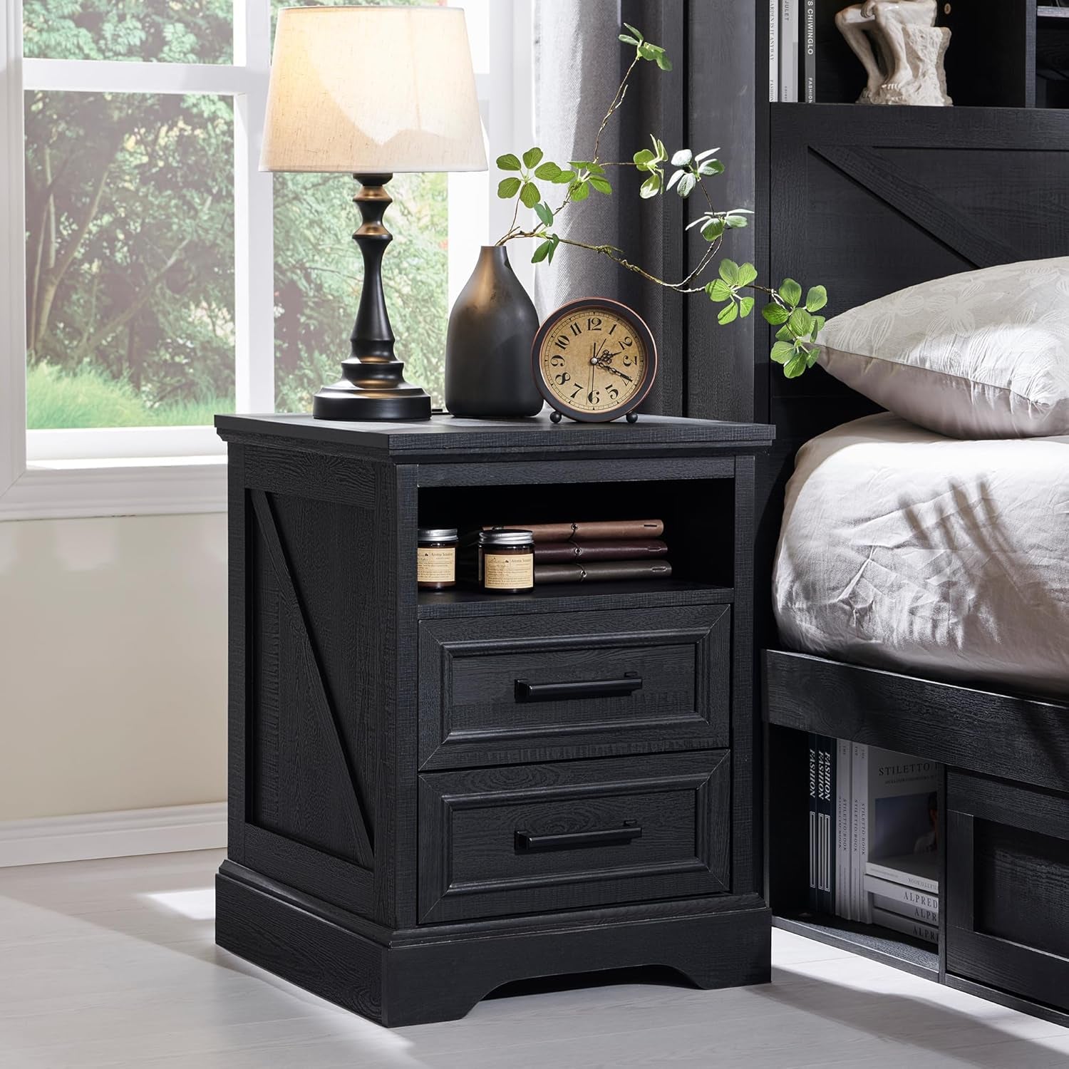 18" Farmhouse Nightstand with Charging Station,End Table with 2 Drawers Storage,Side Table,Bedside Cabinet for Bedroom,Living Room,Black