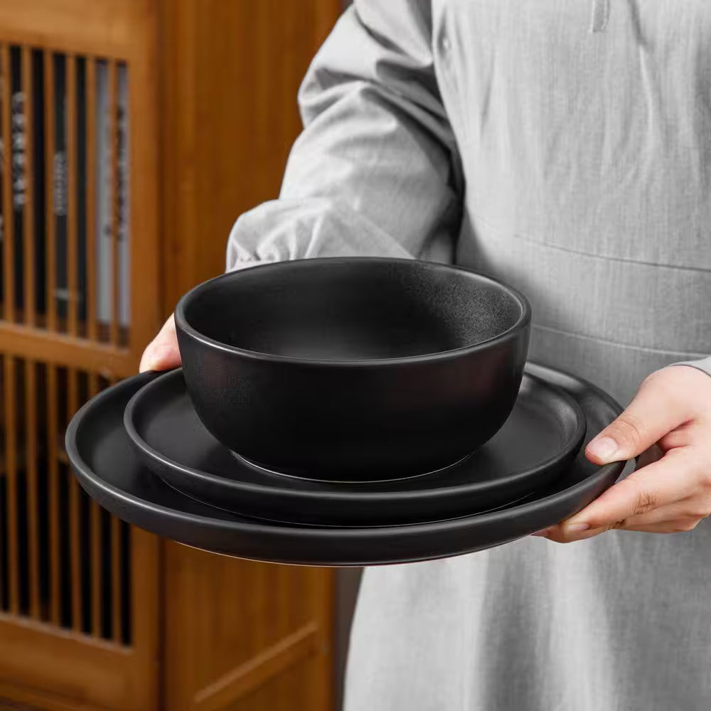 18-Piece Matte Black Stoneware Dinnerware Set Service for 6 Tableware Dinner Plates Dessert Plates Cereal Bowls