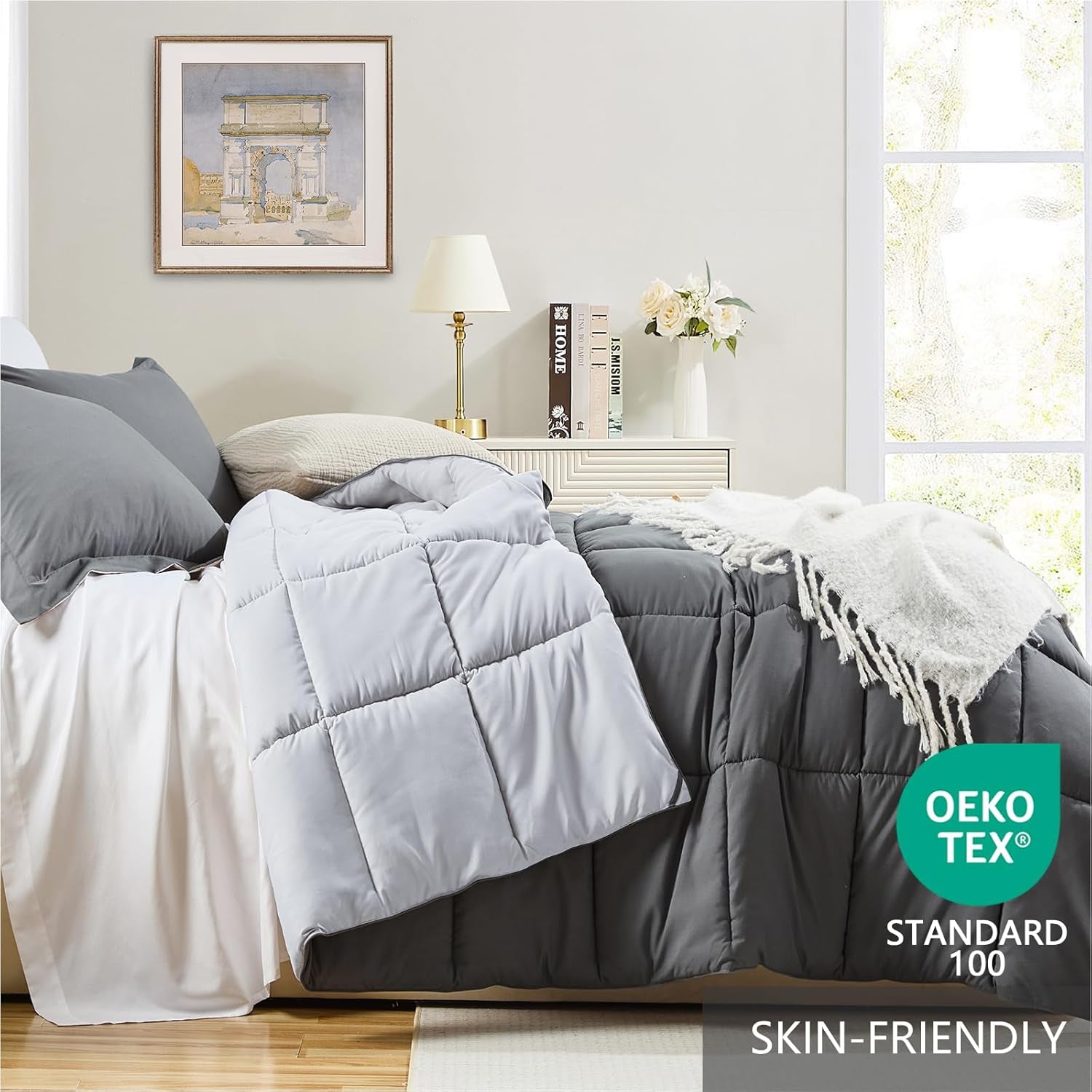 Twin Comforter Set Grey, Comforters Twin Size Bed Sets, Soft Lightweight down Alternative Bed Comforter Reversible All Season 2 Piece Set Grey/Light Gray