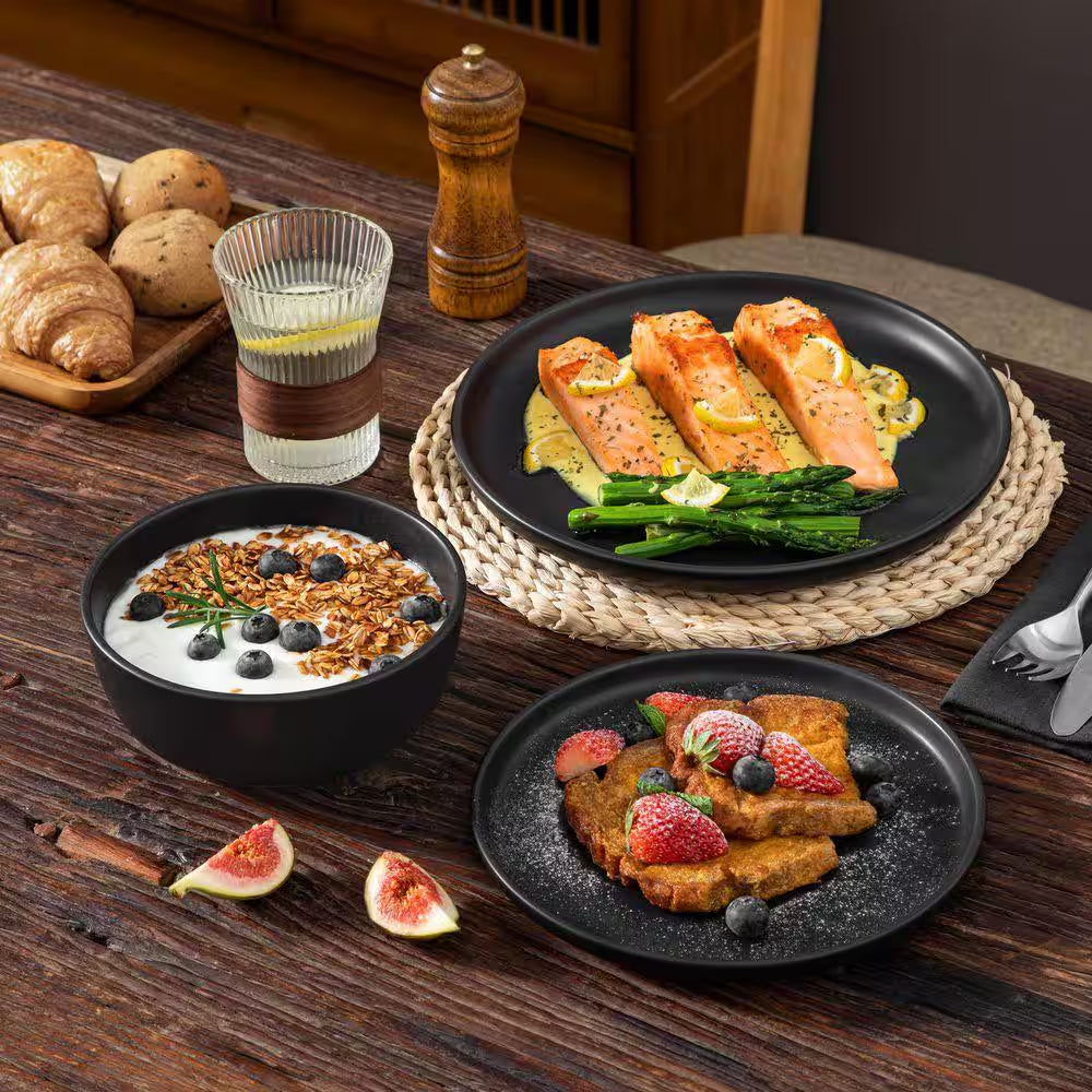 18-Piece Matte Black Stoneware Dinnerware Set Service for 6 Tableware Dinner Plates Dessert Plates Cereal Bowls