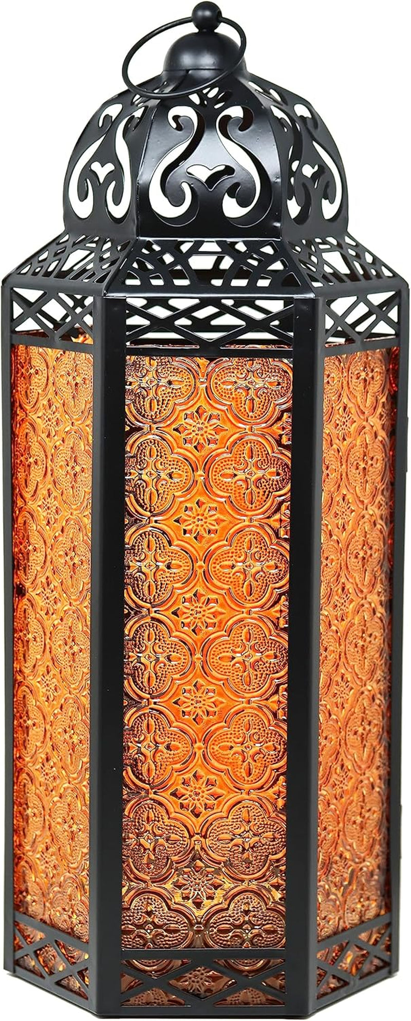 16" Extra Large Large Black Metal Decorative Floor Moroccan Lantern Candle Holder Lamp for Halloween - Indoor/Outdoor, Home Decor, Patio, Weddings, Ramadan Decor, Amber