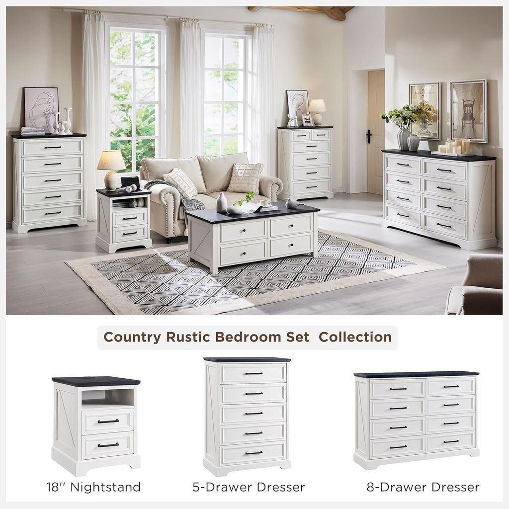 18" Farmhouse Nightstand with Charging Station,End Table with 2 Drawers Storage,Side Table,Bedside Cabinet for Bedroom,Living Room,White | for Bedroom, Living Room