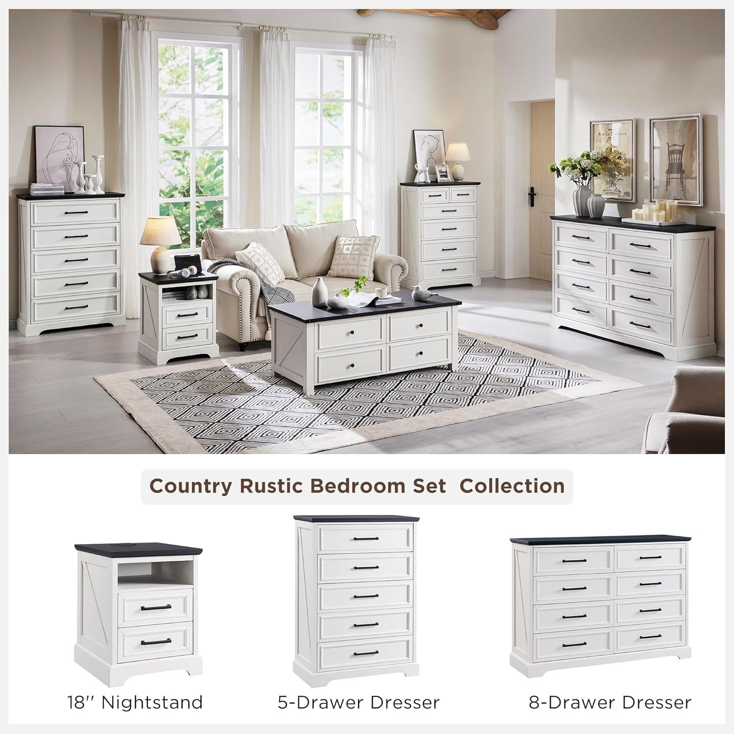 18" Farmhouse Nightstand with Charging Station,End Table with 2 Drawers Storage,Side Table,Bedside Cabinet for Bedroom,Living Room,White | for Bedroom, Living Room