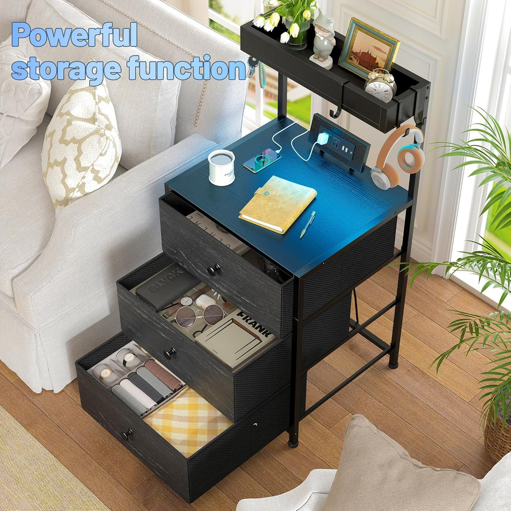 Nightstand with Charging Station and Led Night Stand with 3 Drawers, Bedside Table with Drawers and Outlets, Dorm Nightstand for Bedroom,Entryway, Hallway, Closet, 4 Hooks, Black