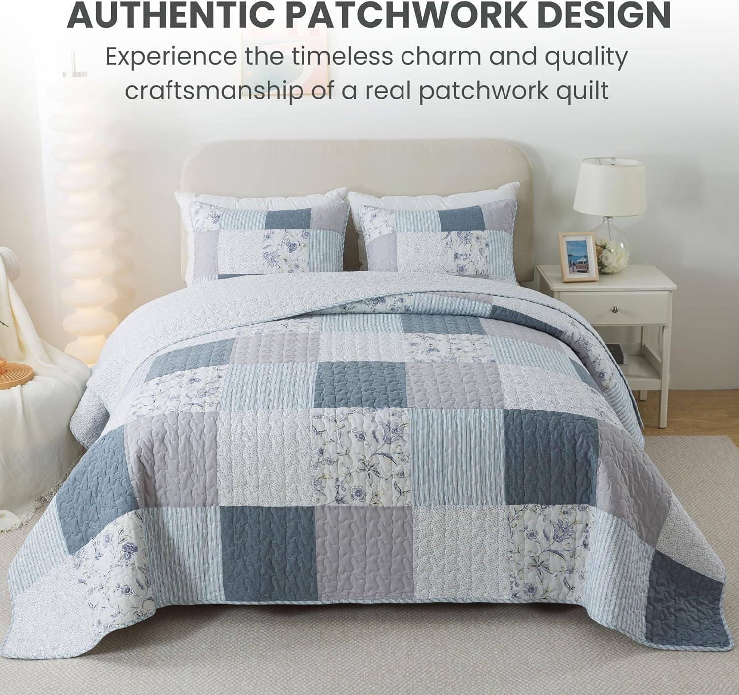 Coastal Dream Cotton Pieced Quilt Set - Twin Size with 1 Sham, Soft Purple & Blue Patchwork Quilted Bedspread, Farmhouse Country Style Bedding for All Seasons